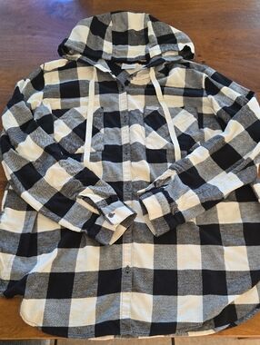 Columbia Black & White Plaid Buffalo Plaid Hooded Button-Up Flannel Shirt 1X